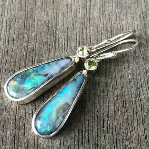 Bohemian Faux Opal Drop Dangle Earrings Light Blue Green Lightweight - Picture 8 of 9